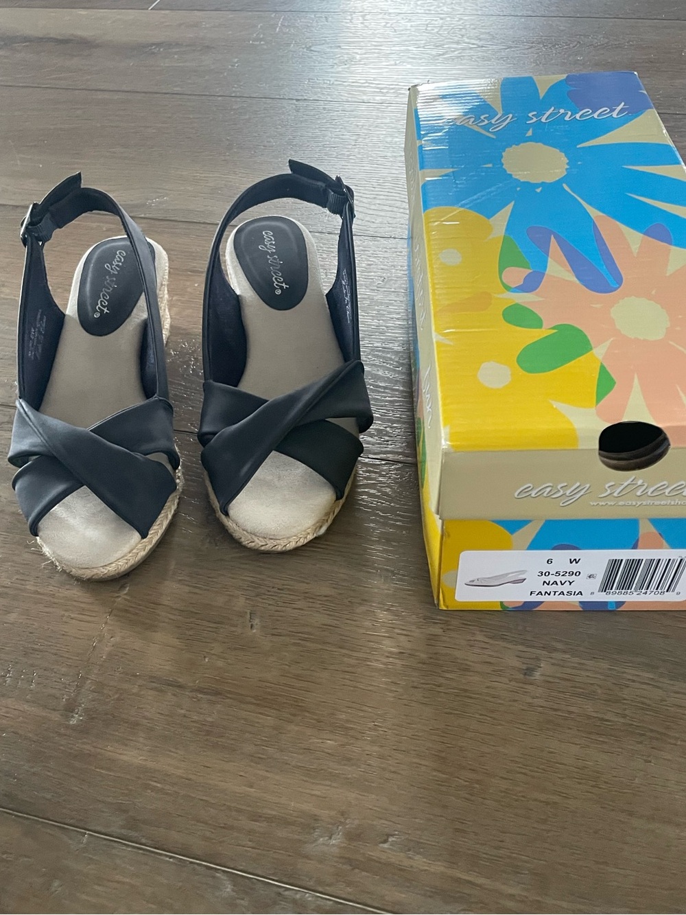 easy street Navy Cross-Band Espadrille Slingback Wedges